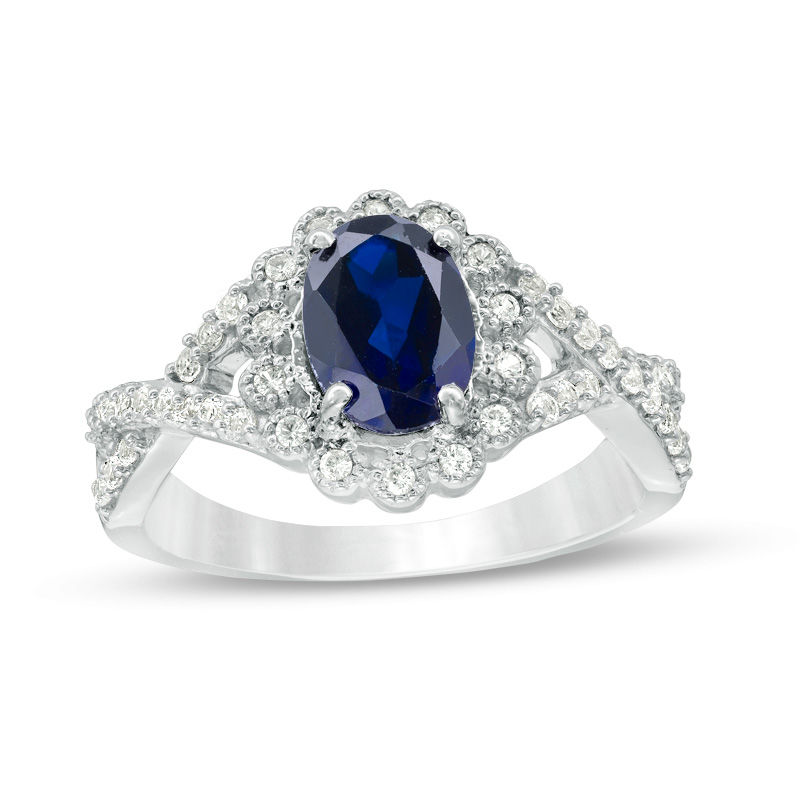 Oval Lab-Created Blue and White Sapphire Scallop Frame Engagement Ring in Sterling Silver
