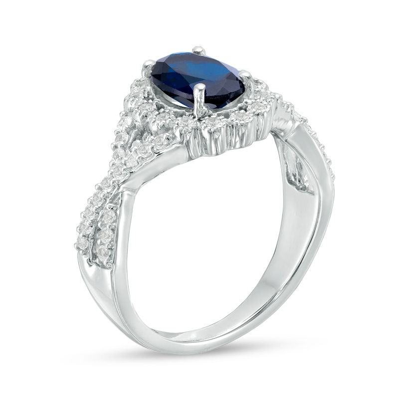 Oval Lab-Created Blue and White Sapphire Scallop Frame Engagement Ring in Sterling Silver