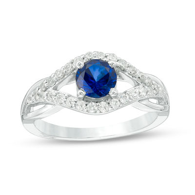 5.5mm Lab-Created Blue Sapphire and 0.29 CT. T.W. Diamond Split Shank Engagement Ring in 10K White Gold