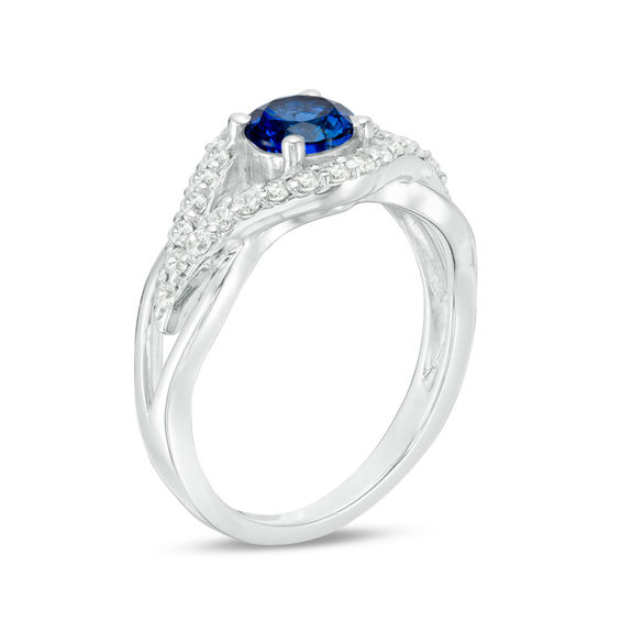 5.5mm Lab-Created Blue Sapphire and 0.29 CT. T.W. Diamond Split Shank Engagement Ring in 10K White Gold