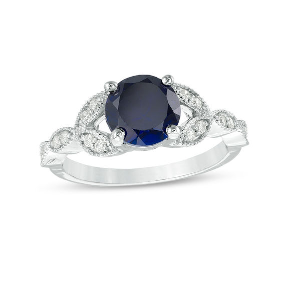 7.0mm Lab-Created Blue Sapphire and 0.145 CT. T.W. Diamond Vintage ...