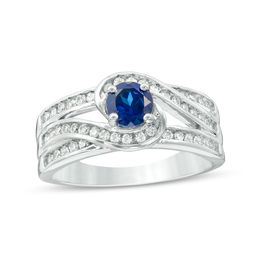 5.0mm Lab-Created Blue Sapphire and 0.29 CT. T.W. Diamond Swirl Bypass Engagement Ring in Sterling Silver