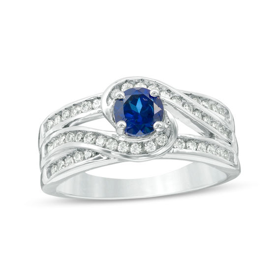 5.0mm Lab-Created Blue Sapphire and 0.29 CT. T.W. Diamond Swirl Bypass Engagement Ring in Sterling Silver