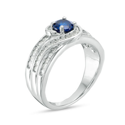 5.0mm Lab-Created Blue Sapphire and 0.29 CT. T.W. Diamond Swirl Bypass Engagement Ring in Sterling Silver