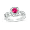 Thumbnail Image 0 of 5.0mm Lab-Created Ruby and 0.37 CT. T.W. Diamond Square Scallop Frame Bridal Set in 10K White Gold