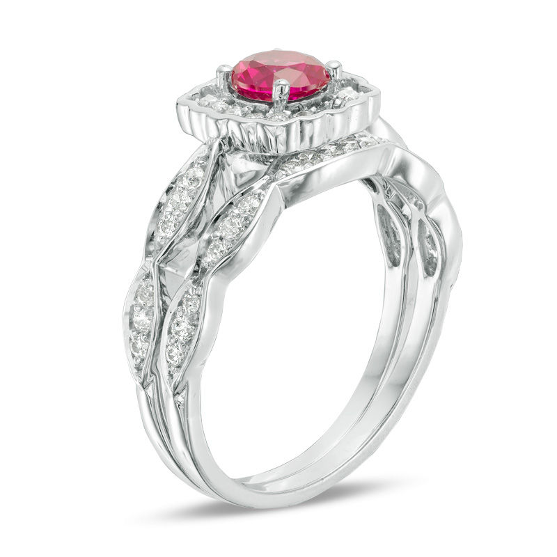 5.0mm Lab-Created Ruby and 0.37 CT. T.W. Diamond Square Scallop Frame Bridal Set in 10K White Gold