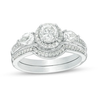 5.0mm Lab-Created White Sapphire and 0.145 CT. T.W. Diamond Frame Bridal Set in Sterling Silver