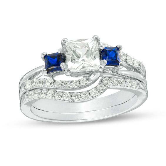 Princess-Cut Lab-Created Blue and White Sapphire with 0.37 CT. T.W. Diamond Three Stone Bridal Set in Sterling Silver