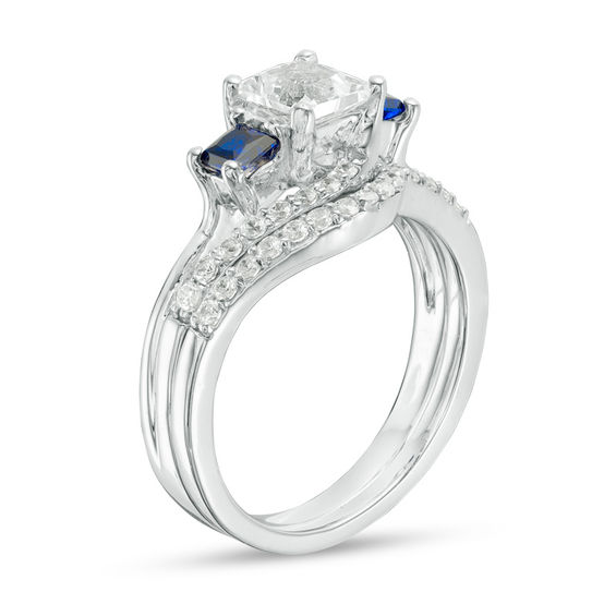 Princess-Cut Lab-Created Blue and White Sapphire with 0.37 CT. T.W. Diamond Three Stone Bridal Set in Sterling Silver