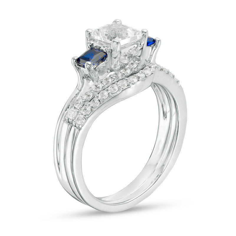 Princess-Cut Lab-Created Blue and White Sapphire with 0.37 CT. T.W. Diamond Three Stone Bridal Set in Sterling Silver|Peoples Jewellers