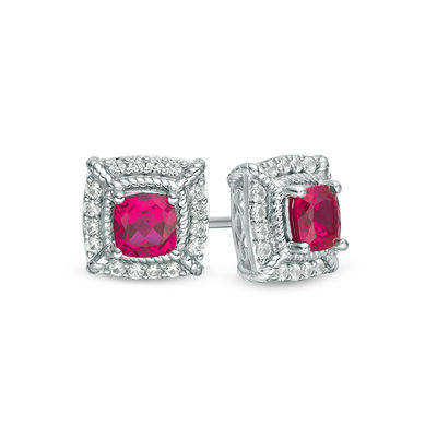 5.0mm Cushion-Shaped Lab-Created Ruby and White Sapphire Square Rope Frame Stud Earrings in Sterling Silver