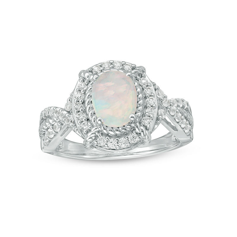 Oval Lab-Created Opal and White Sapphire Rope Twist Shank Ring in Sterling Silver|Peoples Jewellers