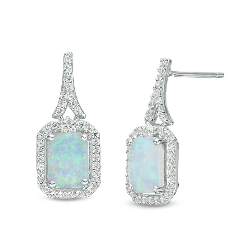 Emerald-Cut Lab-Created Opal and White Sapphire Frame Drop Earrings in Sterling Silver|Peoples Jewellers