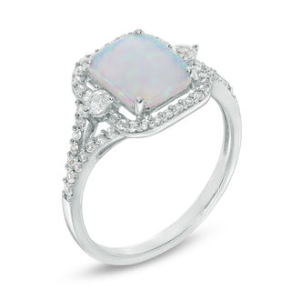 Emerald-Cut Lab-Created Opal and White Sapphire Split Shank Ring in ...