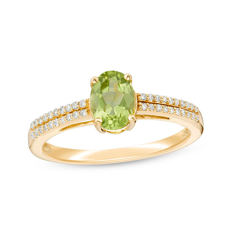 Oval Peridot and 0.116 CT. T.W. Diamond Double Row Ring in 14K Gold|Peoples Jewellers