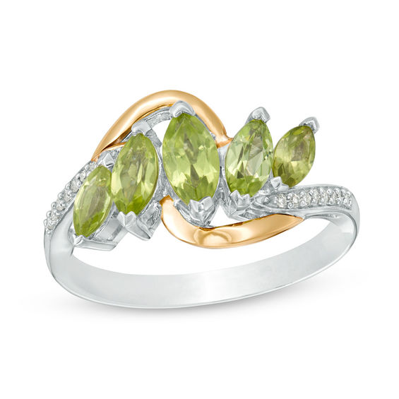 Marquise Peridot and 0.046 CT. T.W. Diamond Five Stone Ring in Sterling Silver and 14K Gold