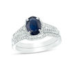 Thumbnail Image 1 of Oval Blue Sapphire and 0.32 CT. T.W. Diamond Bridal Set in 14K White Gold - Size 7