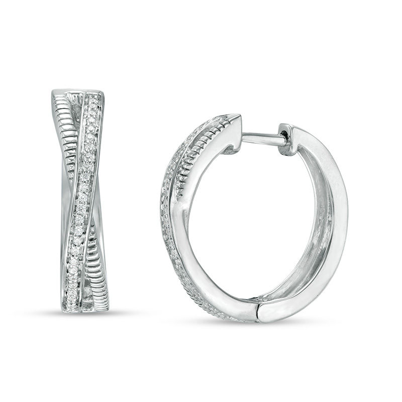 0.065 CT. T.W. Diamond Crossover Hoop Earrings in Sterling Silver|Peoples Jewellers
