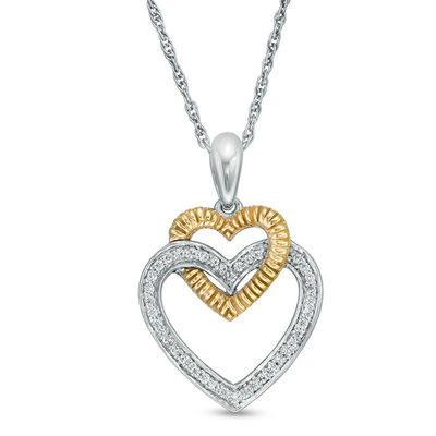 0.088 CT. T.W. Diamond Double Heart Pendant in Sterling Silver and 10K Gold