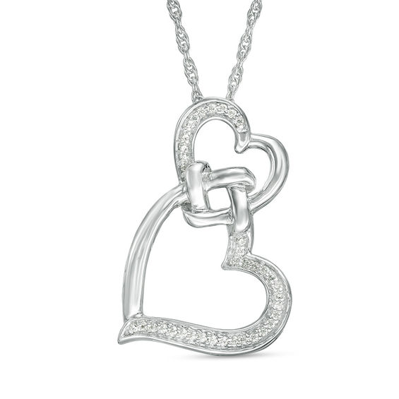 0.066 CT. T.W. Diamond Double Offset Hearts with Square Knot Pendant in Sterling Silver