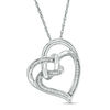 Thumbnail Image 0 of 0.067 CT. T.W. Diamond Double Tilted Heart with Square Knot Pendant in Sterling Silver