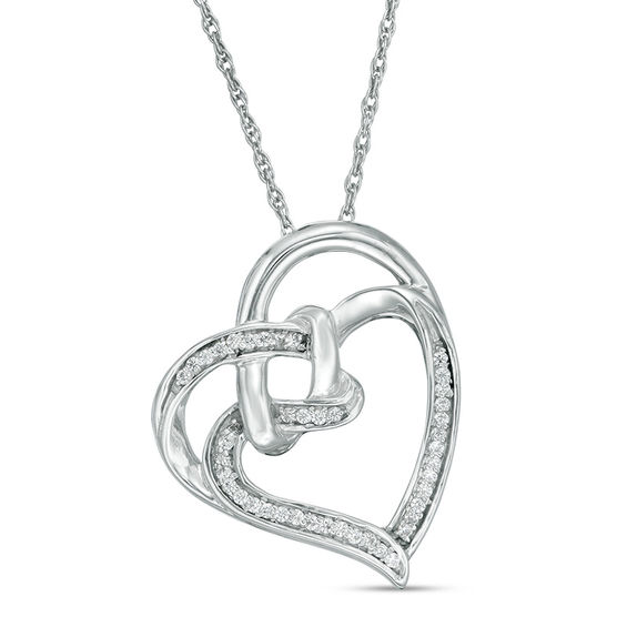 0.067 CT. T.W. Diamond Double Tilted Heart with Square Knot Pendant in Sterling Silver