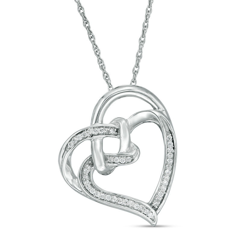 0.067 CT. T.W. Diamond Double Tilted Heart with Square Knot Pendant in Sterling Silver|Peoples Jewellers