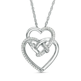 0.085 CT. T.W. Diamond Double Heart with Square Knot Pendant in Sterling Silver