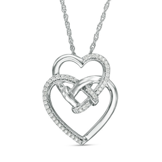 0.085 CT. T.W. Diamond Double Heart with Square Knot Pendant in Sterling Silver