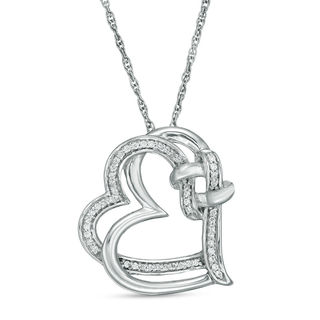 0.086 CT. T.W. Diamond Love Knot Double Tilted Heart Pendant in Sterling Silver