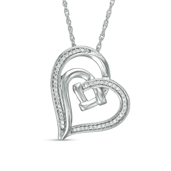 0.088 CT. T.W. Diamond Double Tilted Heart with Square Knot Pendant in Sterling Silver