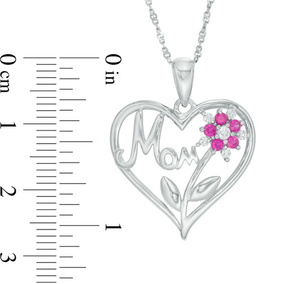 Lab-Created Ruby and White Sapphire "Mom" Flower Heart Pendant in Sterling Silver