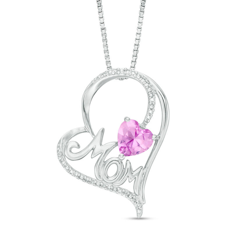6.0mm Lab-Created Pink Sapphire and 0.066 CT. T.W. Diamond "MOM" Tilted Heart Pendant in Sterling Silver|Peoples Jewellers