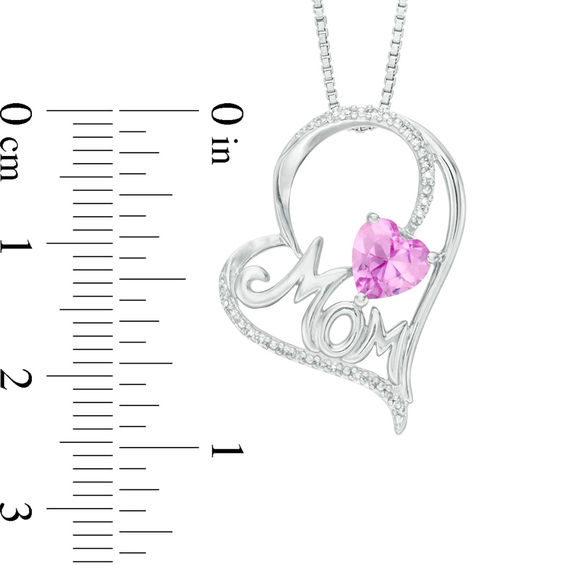 6.0mm Lab-Created Pink Sapphire and 0.066 CT. T.W. Diamond "MOM" Tilted Heart Pendant in Sterling Silver