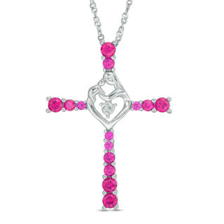 Lab-Created Ruby and Diamond Accent Motherly Love Cross Pendant in Sterling Silver