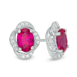 Oval Lab-Created Ruby and White Sapphire Swirl Frame Stud Earrings in Sterling Silver