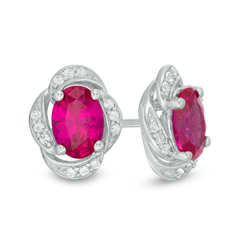 Oval Lab-Created Ruby and White Sapphire Swirl Frame Stud Earrings in Sterling Silver|Peoples Jewellers