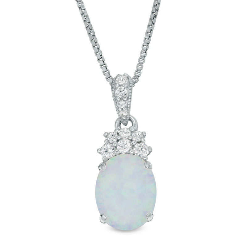 Oval Lab-Created Opal and White Sapphire Vintage-Style Drop Pendant in Sterling Silver|Peoples Jewellers