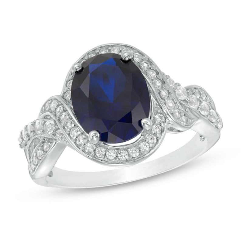 Oval Lab-Created Blue and White Sapphire Bypass Twist Shank Ring in Sterling Silver|Peoples Jewellers