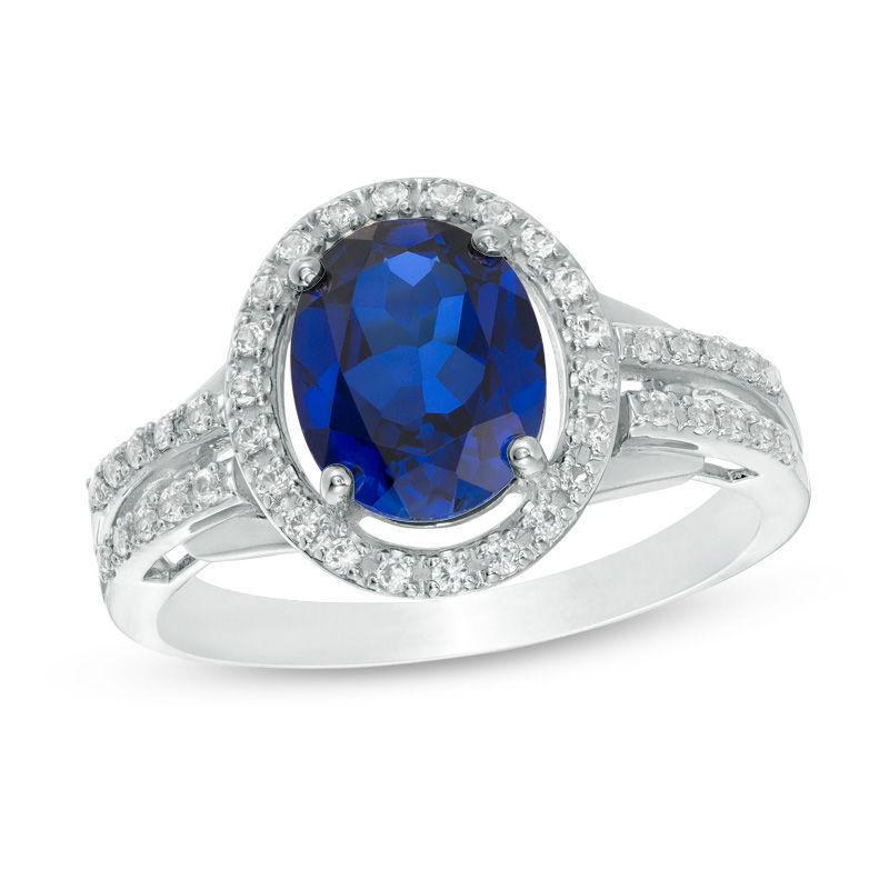 Oval Lab-Created Blue and White Sapphire Frame Split Shank Ring in Sterling Silver|Peoples Jewellers