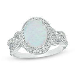 Oval Lab-Created Opal and White Sapphire Frame Twisted Bypass Ring in Sterling Silver