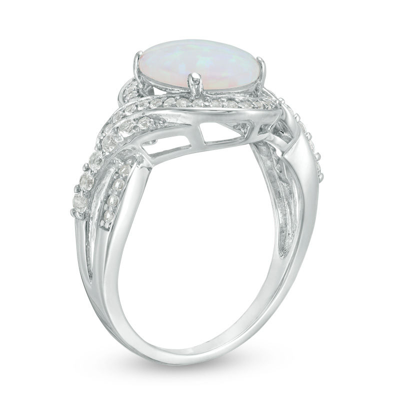 Oval Lab-Created Opal and White Sapphire Frame Twisted Bypass Ring in Sterling Silver|Peoples Jewellers