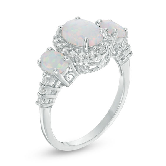 Oval Lab-Created Opal and White Sapphire Frame Three Stone Ring in Sterling Silver