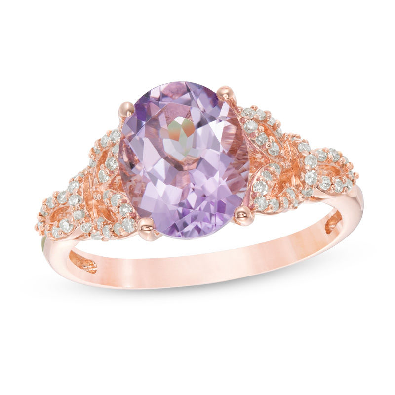 Oval Rose de France Amethyst and 0.19 CT. T.W. Diamond Floral Ring in 14K Rose Gold|Peoples Jewellers