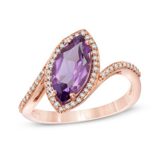 Marquise Amethyst and 0.16 CT. T.W. Diamond Frame Bypass Slant Ring in 14K Rose Gold - Size 7