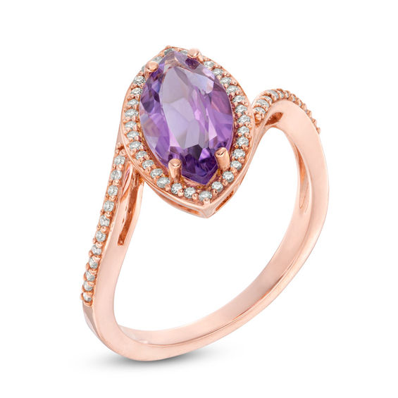 Marquise Amethyst and 0.16 CT. T.W. Diamond Frame Bypass Slant Ring in 14K Rose Gold - Size 7