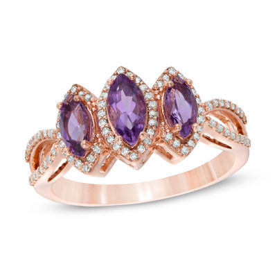 Marquise Amethyst and 0.17 CT. T.W. Diamond Frame Three Stone Open Shank Ring in 14K Rose Gold - Size 7