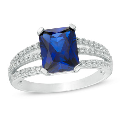 Emerald-Cut Lab-Created Blue and White Sapphire Triple Row Split Shank Ring in Sterling Silver