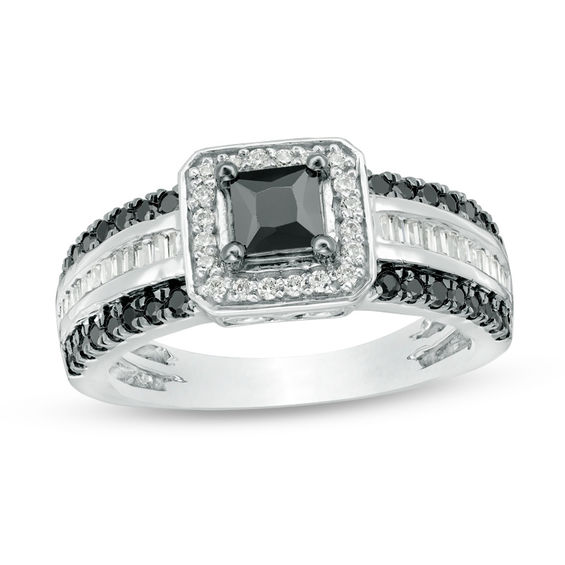 0.95 CT. T.W. Princess-Cut Black Diamond Frame Multi-Row Engagement Ring in 10K White Gold