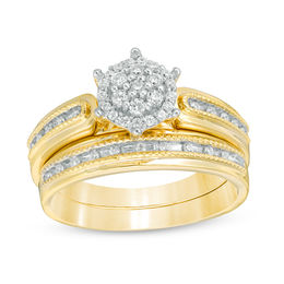 0.23 CT. T.W. Composite Diamond Hexagon Frame Vintage-Style Bridal Set in Sterling Silver with 14K Gold Plate